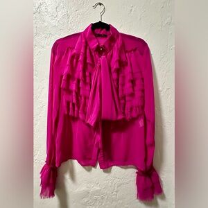 Hot Pink Statement Ruffle Blouse w/ Bow Tie Neck